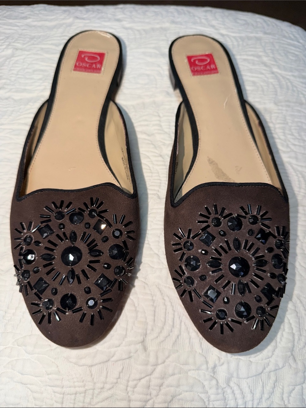Oscar by Oscar de la Renta Size 10 Brown Jeweled Slip-On Mules - Brown